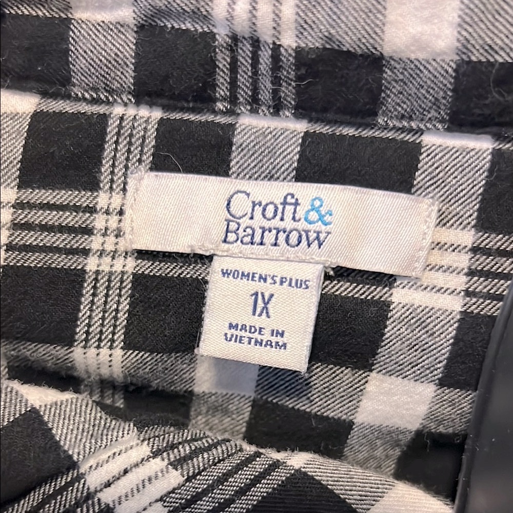 CROFT & BARROW 🖤100% COTTON BLACK & WHITE PLAID CHECK BUTTON-DOWN TOP Women’s 1X - Picture 6 of 7